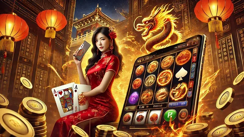 Reel slot digital dengan simbol permainan dan latar visual cerah